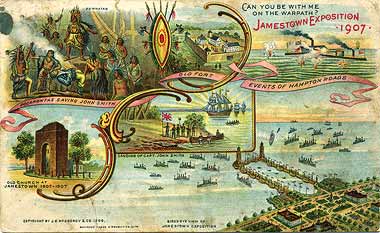 Tercentennial postcard highlighting events in the history of Jamestown. Click image for detailed veiw.