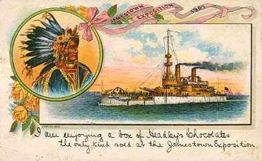 Faux inscription on a tercentennial postcard advertises Headley's chocolates. Click image for detailed view.