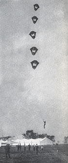Samuel F. Perkins flying a group of man-carrying kites